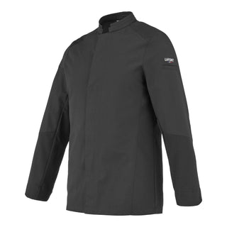A classic black long-sleeve men's chef coat with a mandarin collar and a central front fastening. It features elasticated panels on the upper back and a loop on the back collar for securing an apron.