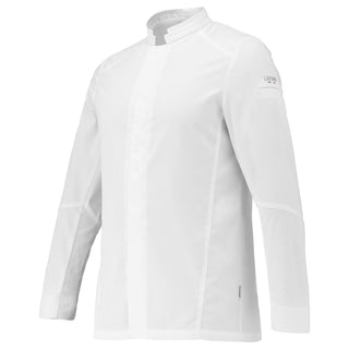 A classic white long-sleeve men's chef coat with a mandarin collar and a central front fastening. It features elasticated panels on the upper back and a loop on the back collar for securing an apron.