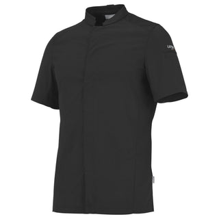 A black, short-sleeve men's chef coat with a mandarin collar and a front pocket.