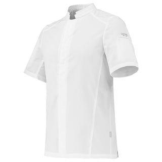 A white, short-sleeve men's chef coat with a mandarin collar and a front pocket.