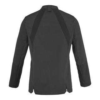 A classic black long-sleeve men's chef coat with elasticated panels on the upper back and a loop on the back collar for securing an apron.