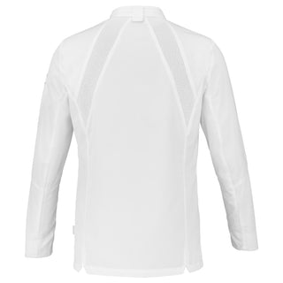 A classic white long-sleeve men's chef coat with elasticated panels on the upper back and a loop on the back collar for securing an apron.