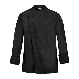 Front view of a black chef's coat with modern contrast design and crossover closure with concealed fastening. 
