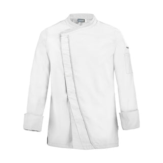 Front view of a white chef's coat with modern contrast design and crossover closure with concealed fastening. 