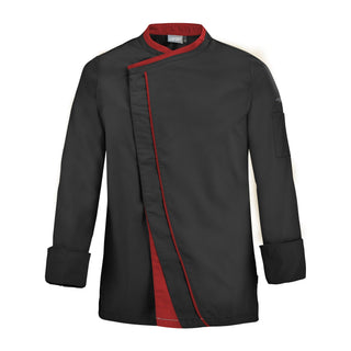 Front view of a black chef's coat with red contrast contrast detail and crossover closure with concealed fastening. 