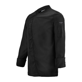 A black chef's coat with modern contrast design and crossover closure with concealed fastening. 
