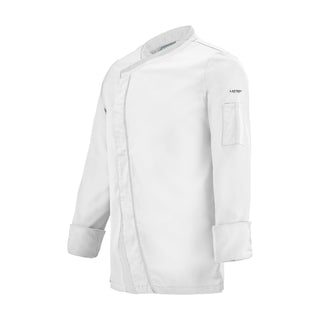A white chef's coat with modern contrast design and crossover closure with concealed fastening. 