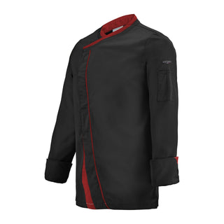 A black chef's coat with red contrast contrast detail and crossover closure with concealed fastening. 