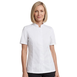 Female chef wearing a white Marjoram Women's Short Sleeve Chef Coat