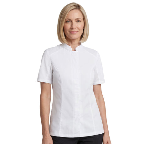 Female chef wearing a white Marjoram Women's Short Sleeve Chef Coat