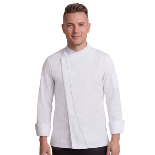 Man wearing a white chef's coat with modern contrast design and crossover closure with concealed fastening. 
