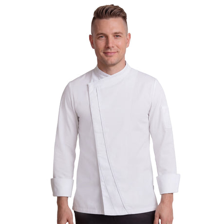 Man wearing a white chef's coat with modern contrast design and crossover closure with concealed fastening. 