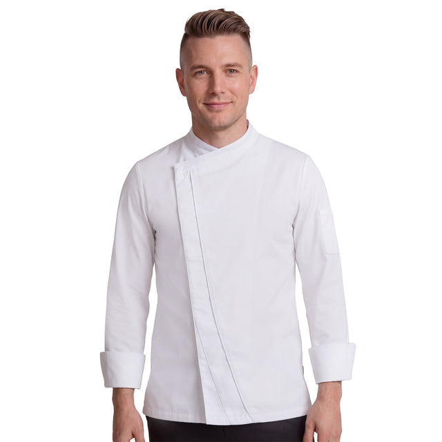 Man wearing a white chef's coat with modern contrast design and crossover closure with concealed fastening. 