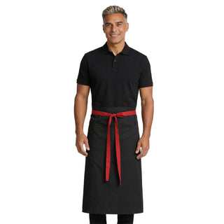 Man wearing a black apron with a red adjustable tie on a white background