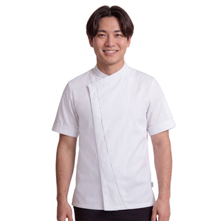 Person wearing a white chef's coat on a white background