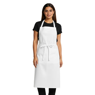 Person wearing a white bib apron on a white background