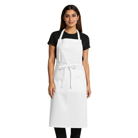 Person wearing a white bib apron on a white background