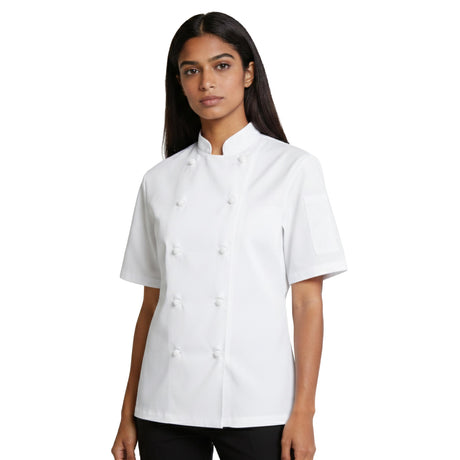 Person wearing a white double breasted chef's with short sleeves