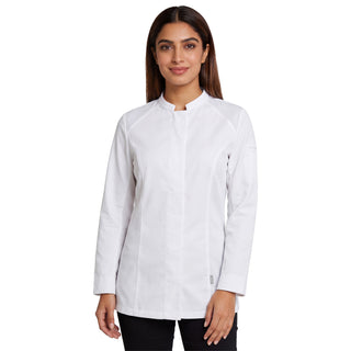 Woman chef wearing a white athletic fit chef's coat with hidden closure