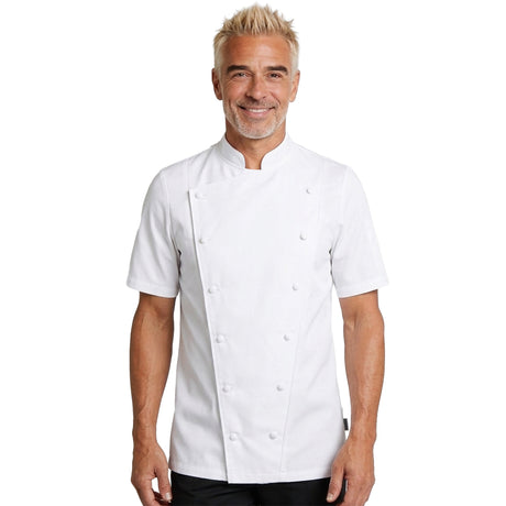 Man wearing a PLATINE white chef's coat by Lafont USA on a white background