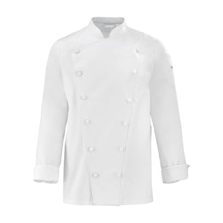 Front view of a white long-sleeve double breasted men's chef coat with buttoned closures and a small Lafont logo on the sleeve.