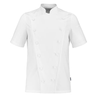 Front view of a white short sleeve PLATINE Chef jacket by Lafont