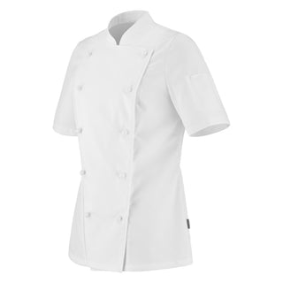 Sede view of a white, short-sleeved double-breasted women's chef coat with a mandarin collar, buttoned front, and vented cuffs.