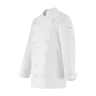 Side view of a white long-sleeve double breasted men's chef coat with buttoned closures and a small Lafont logo on the sleeve.