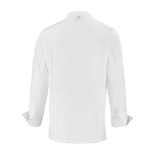 Back side view of a white long-sleeve double breasted men's chef coat with buttoned closures and a small Lafont logo on the sleeve.