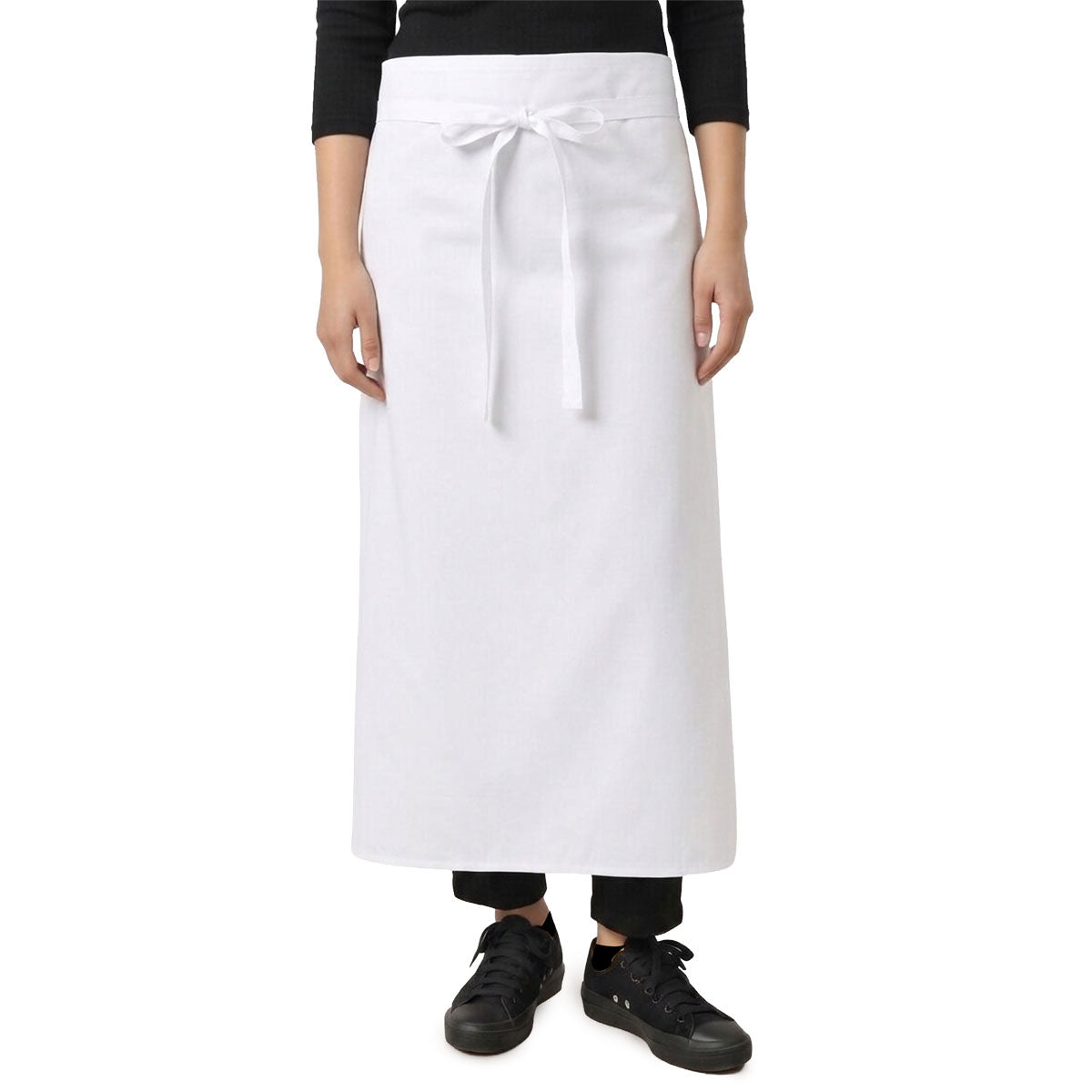 A long white waist apron on a restaurant waitress