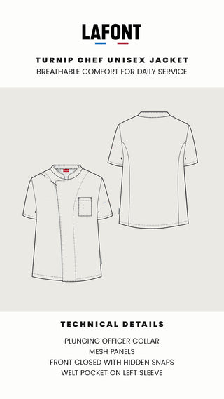 Lafont turnip chef unisex jacket with technical details on a white background