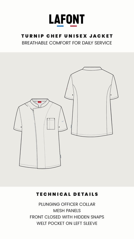 Lafont turnip chef unisex jacket with technical details on a white background