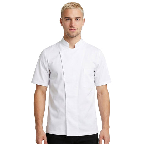 Man wearing a white chef's coat with hidden closure